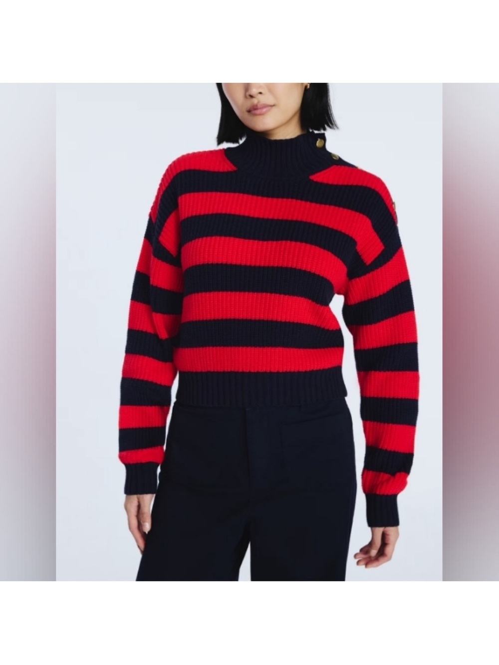 Striped Red and Black Ribbed Mock Neck Sweater